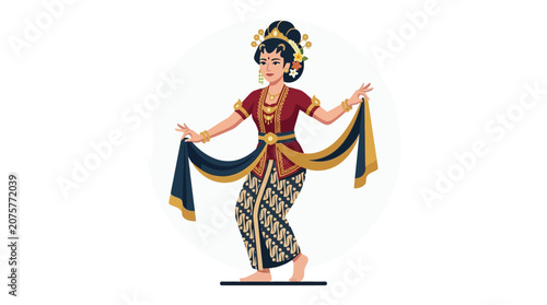 Balinese woman performing traditional dance with flowing scarf.