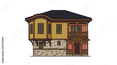 Balkan Ottoman house with wooden balcony.