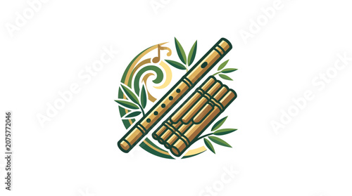 Bamboo flutes and panpipes with green leaves illustration.