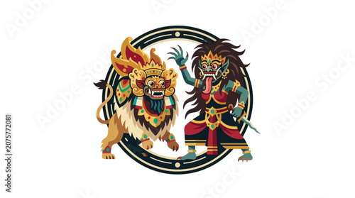 Barong and Rangda spirits inside circular ring frame illustration