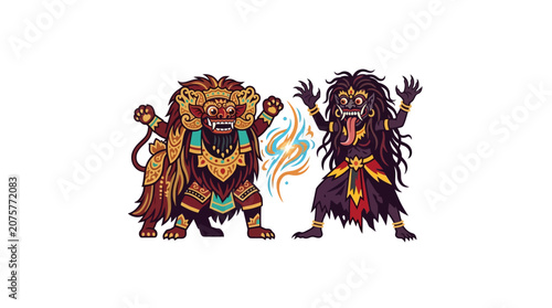 Barong and Rangda mythical figures on white background.