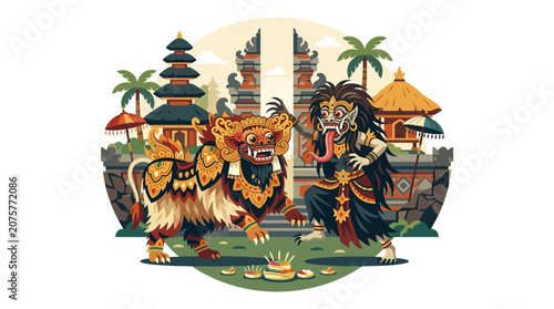 Barong and Rangda fighting before Balinese temple gates.