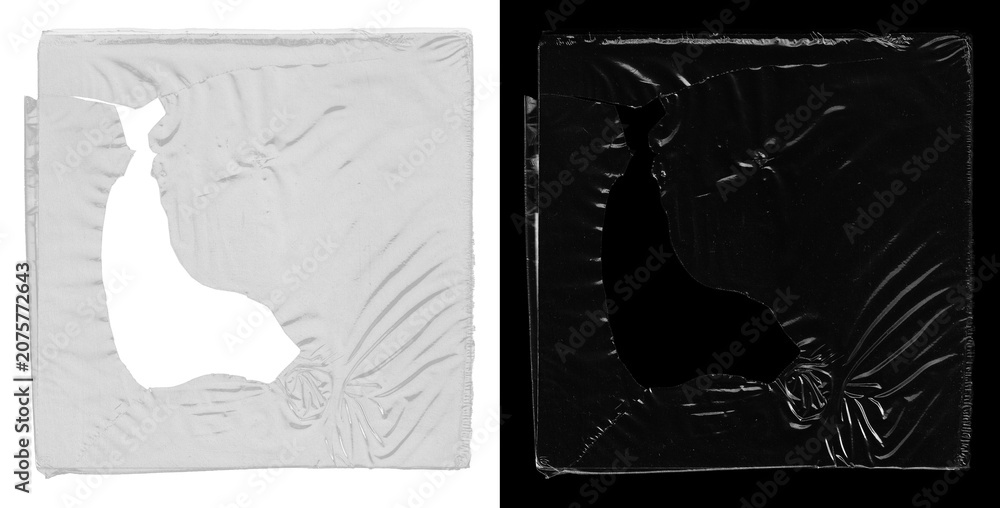 Fototapeta premium Polyethylene packaging for CD cover, vinyl. Torn plastic packaging effect. Design overlay cover. Photo scanned cover square shape for overlay. Stamp for cd, album cover, vinyl. PNG-scan