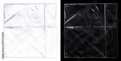 Schilderij op canvas Crumpled transparent plastic wrap for overlay with with sharp creases, intense glossy reflections