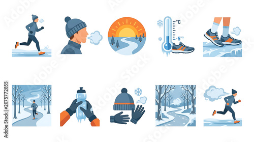 Vector illustration set of a man running in the snow in winter with hat and gloves and sneakers and a thermometer showing minus five degrees celsius