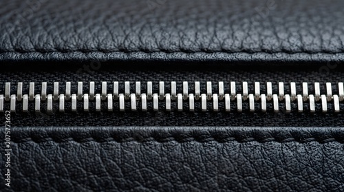 Close up view of a metallic silver zipper on a textured black leather