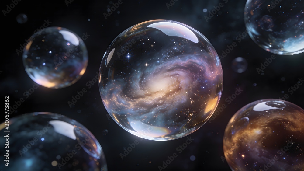 Naklejka premium Multiverse Concept Spherical Universes or Parallel Worlds in Cosmic Bubbles 4K