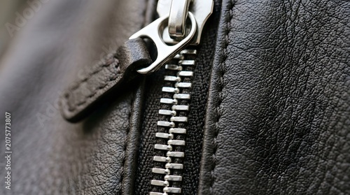 Close Up View of a Silver Metal Zipper on Dark Brown Leather Jacket