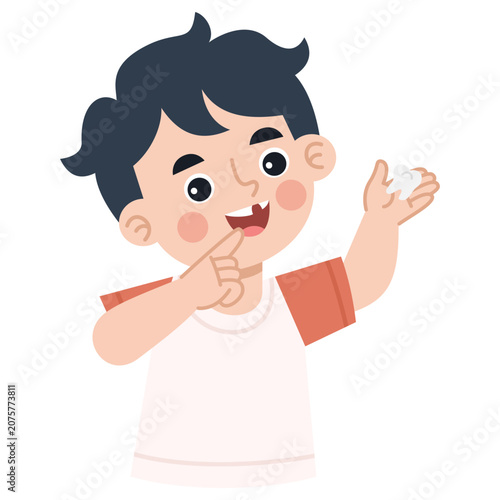 Illustration of a boy with a loose milk tooth