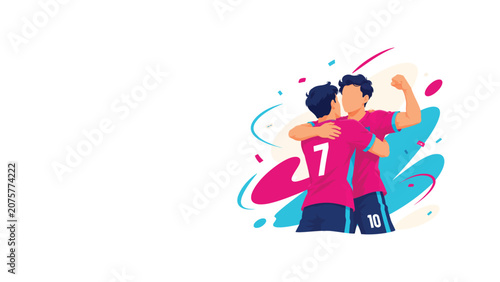 Obraz na plátně Two soccer teammates celebrating a goal in colorful abstract illustration