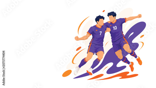 Canvas-taulu Two soccer teammates celebrating a goal with abstract colorful swirls