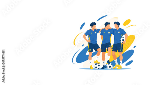 Tableau sur toile Three young soccer players in blue uniforms standing together on a field