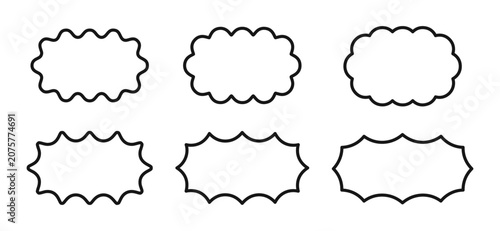 Set of rectangular scalloped frames. Oval forms with wiggly borders. Empty textboxes, labels, chat bubbles, speech bubbles or message tags isolated on white background. Vector graphic illustration.