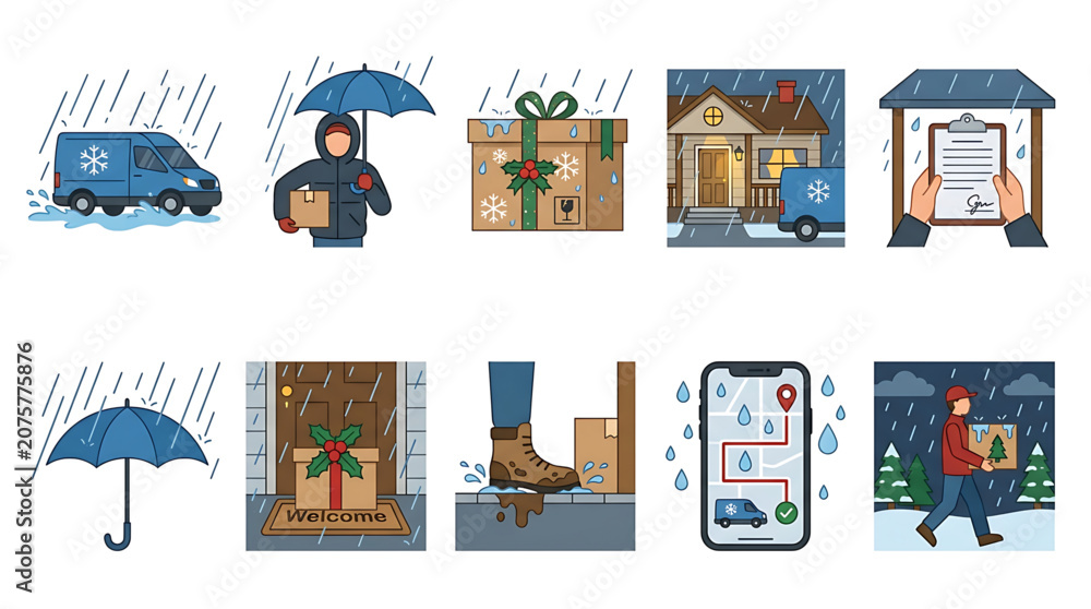 Fototapeta premium Set of delivery service icons in rainy weather, including courier, package, van, and tracking