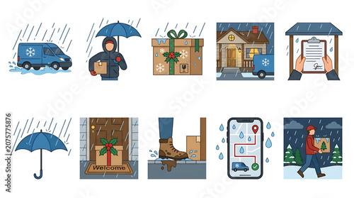 Set of delivery service icons in rainy weather, including courier, package, van, and tracking