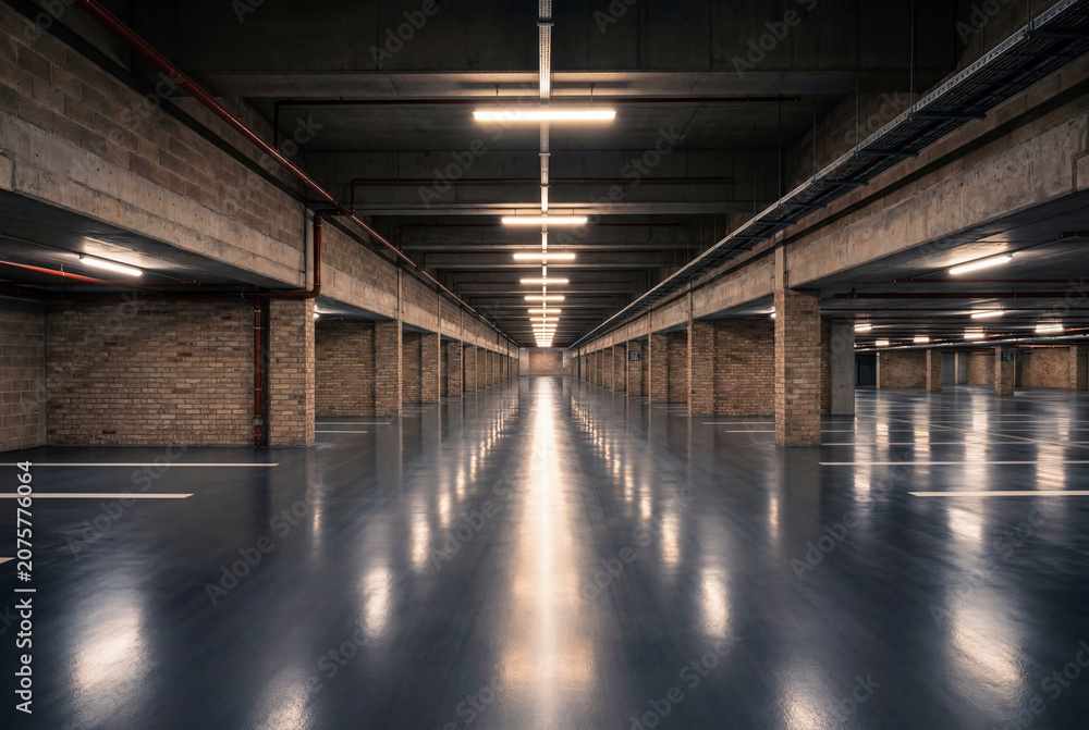 Naklejka premium Empty underground parking garage with bright lights and concrete pillars