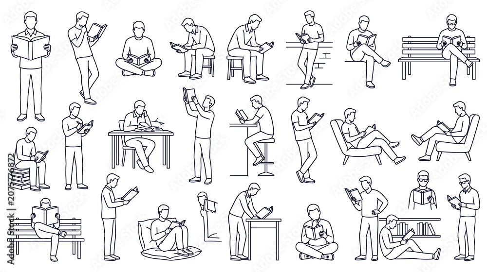 Fototapeta premium People reading books in various poses line art collection of men sitting standing relaxed.