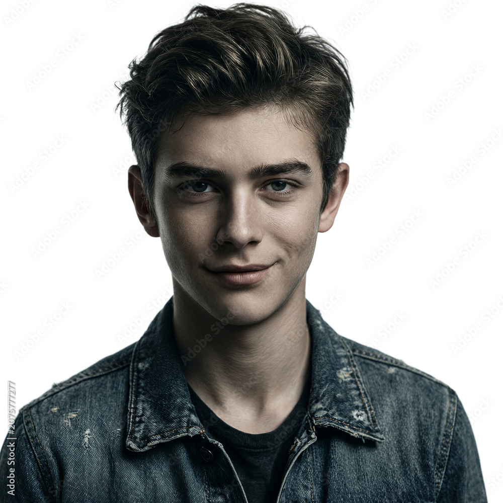 Obraz premium Teenager boy portrait isolated rebellious 13 year old Caucasian youth wearing a distressed denim jacket on a transparent background