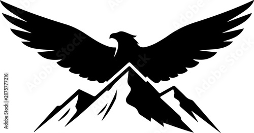 Black eagle silhouette, mountain peak icon, vector emblem, wildlife symbol