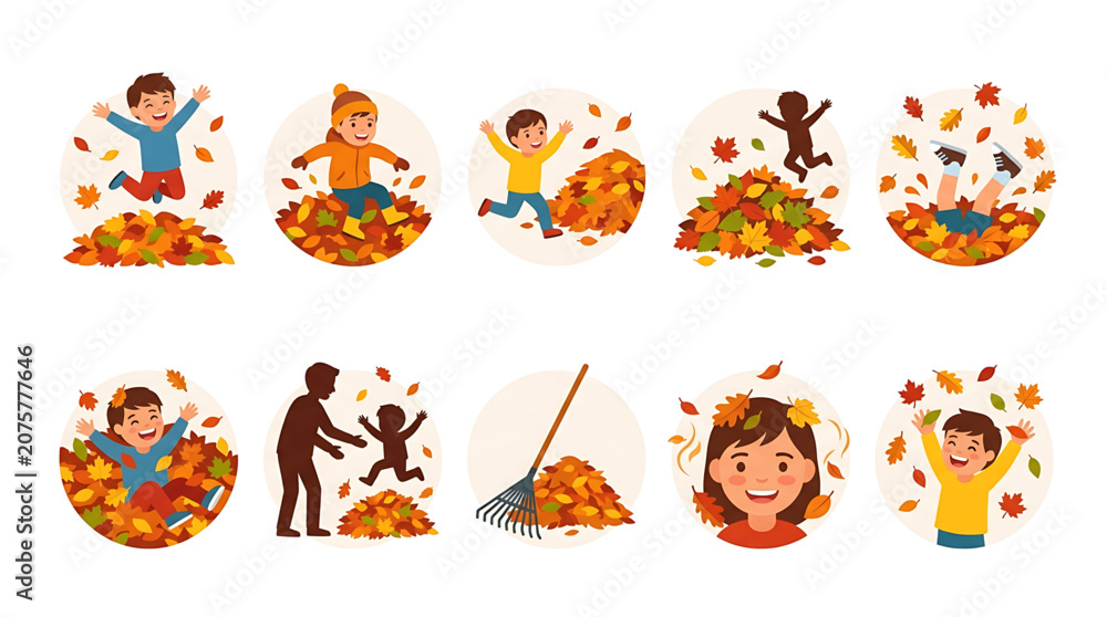 Fototapeta premium Set of happy children playing with autumn leaves, jumping into leaf piles and raking leaves