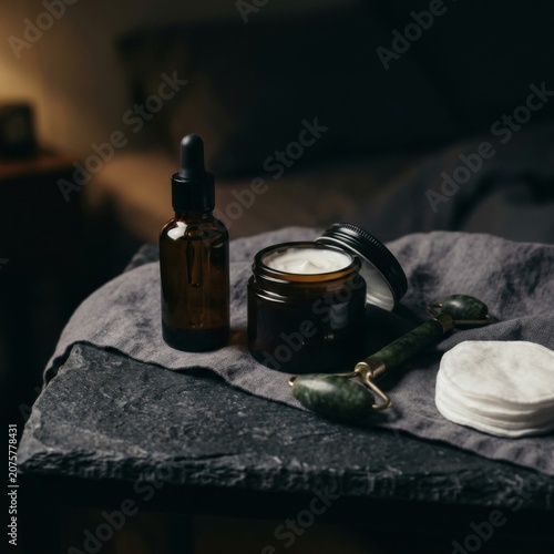Nighttime skincare routine essentials on stone surface for evening reset with skincare, wellness