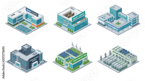 Modern isometric school buildings featuring diverse educational facilities and green outdoor areas for learning environments