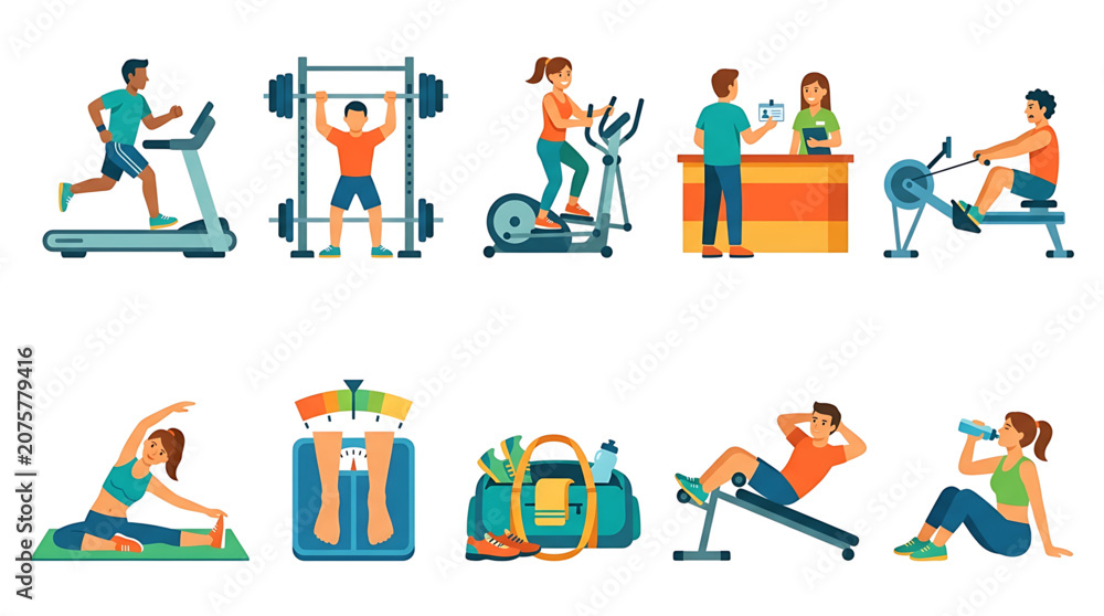 Fototapeta premium Set of gym and fitness activities, people exercising in a fitness center, vector illustration