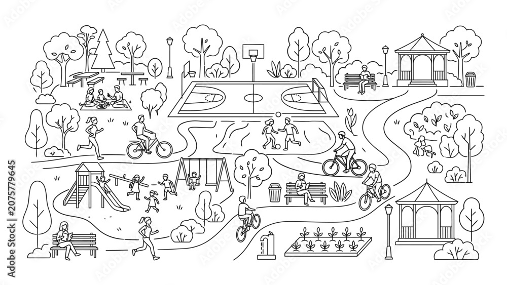 Obraz premium Doodle illustration of a public park with people exercising and relaxing.