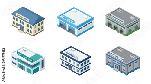Isometric illustration of diverse commercial buildings including offices, retail stores, and public infrastructure structures