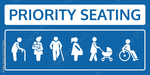Vector priority seating sign in blue and white with six pictograms showing elderly with walker, woman holding baby, disabled with cane, pregnant woman, parent with stroller, and wheelchair user.