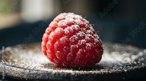 Macro View of a Fresh Ripe Raspberry Dusted with Sweet White Sugar Powder
