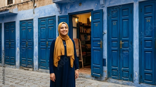 A smiling Muslim woman wearing a hijab stands in front of blue doors.