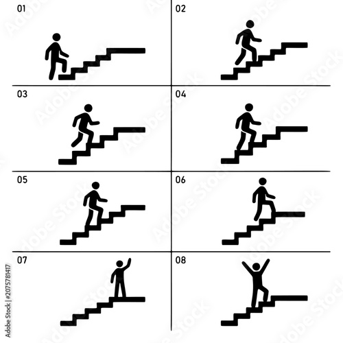 Step-by-step stick figure climbing stairs sequence, minimalist icon set illustrating progress, achievement, and success.