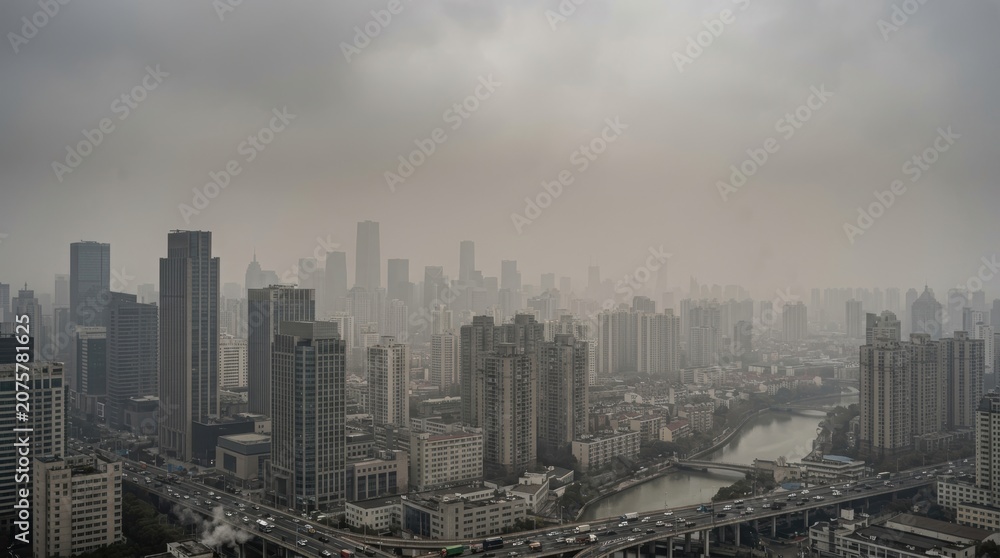 Fototapeta premium Cityscape View of Modern Urban Skyline with Skyscrapers and River Under Overcast Sky.