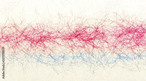 Abstract red and blue delicate thread network on textured cream paper background, minimalistic artistic wiry pattern