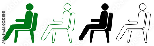 Vector pictogram of a person seated on a chair shown in side profile, presented as four variants with filled and outline styles in green and black colors.