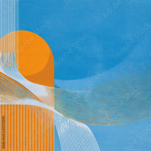 Modern abstract composition featuring a blue background with orange geometric shapes and flowing white and gold linear patterns on textured paper