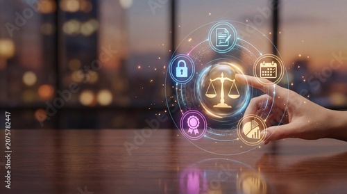 Digital justice concept with a hand touching a glowing icon of scales of justice surrounded by other legal icons such as a lock, document, calendar, and award