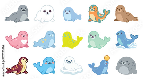 Photos Collection of cute cartoon seals in various colors and poses, perfect for children's designs and illustrations