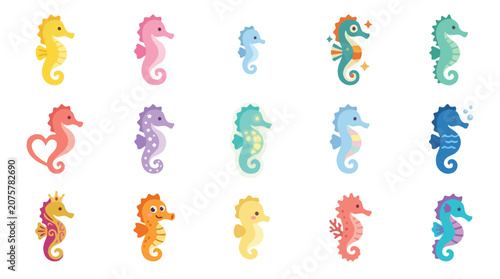 Collection of colorful cartoon seahorse illustrations with various patterns and colors.