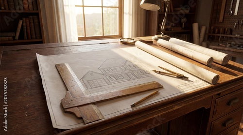 An architect's drafting table with blueprints, tools, and a lamp, bathed in natural light