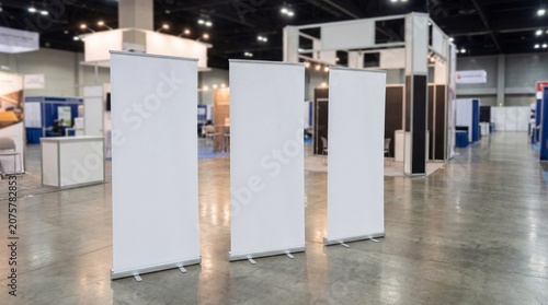 Three blank roll-up banner stands lined up in a convention center, ready for customization. These versatile displays are perfect for trade shows, exhibitions, or corporate events.