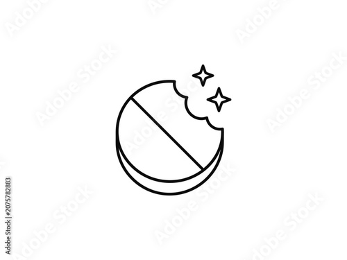 Minimalist outline icon of a bitten medical pill with sparkles.