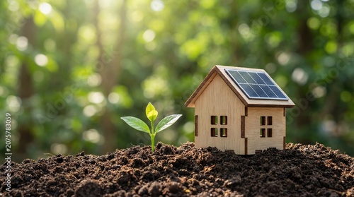 A miniature wooden house with a solar panel roof sits on rich soil next to a small seedling, bathed in warm sunlight in a lush green forest.