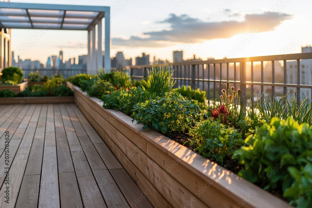 Naklejka premium Rooftop garden terrace with wooden deck and urban city skyline at sunset planting