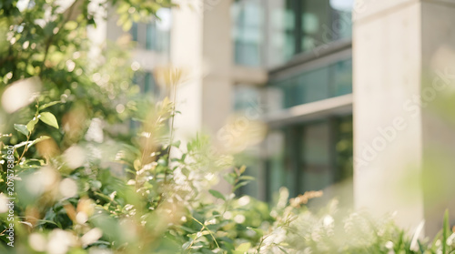 Lush green foliage in the foreground with a modern building in the soft-focus background on a sunny day.