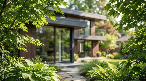 Modern house with a stone path surrounded by vibrant green plants and trees, showcasing contemporary architecture.