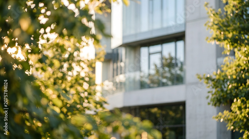 Modern building with concrete and glass facade surrounded by lush green trees in soft sunlight.