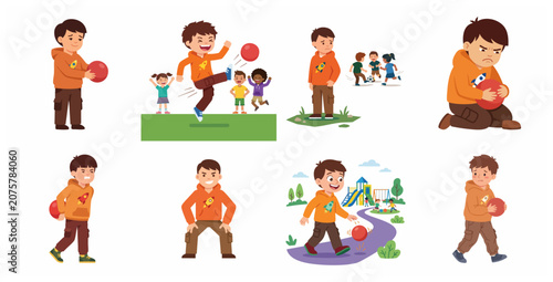 Bild auf Leinwand Cartoon little boy character set showing various emotions and social situations