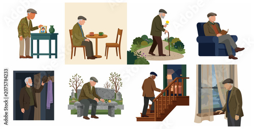 Foto Flat illustration set of an elderly man experiencing loneliness and mourning his